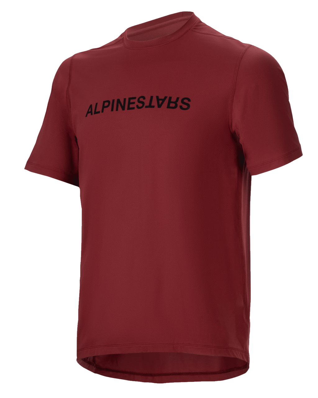 Alpinestars A-Dura Switch Jersey, maillot de VTT à manches courtes, bordeaux, logo noir sur la poitrine, tissu léger évacuant l'humidité, col rond et pan arrière allongé, conçu pour le cyclisme tout-terrain