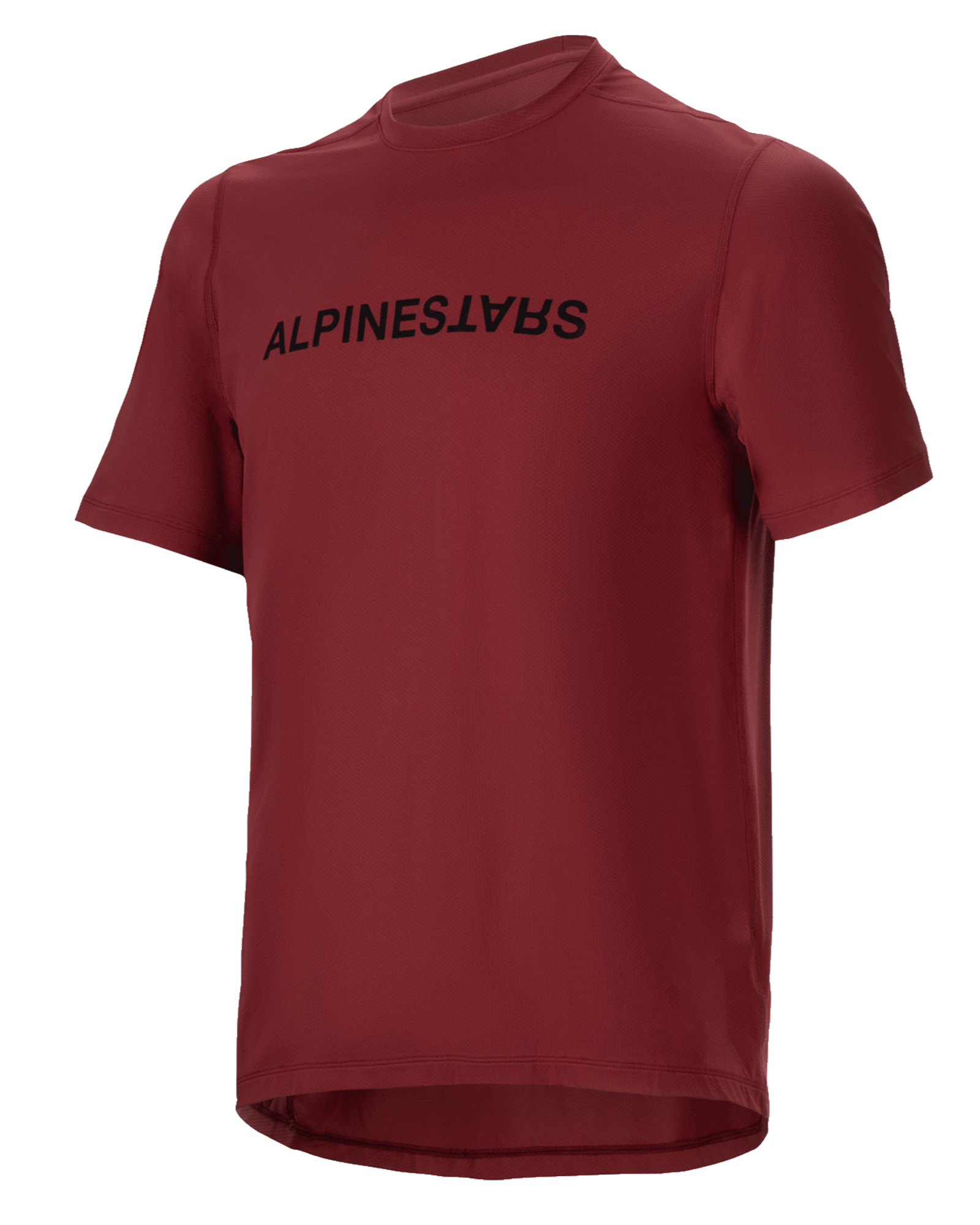 Alpinestars A-Dura Switch Jersey, maillot de VTT à manches courtes, bordeaux, logo noir sur la poitrine, tissu léger évacuant l'humidité, col rond et pan arrière allongé, conçu pour le cyclisme tout-terrain