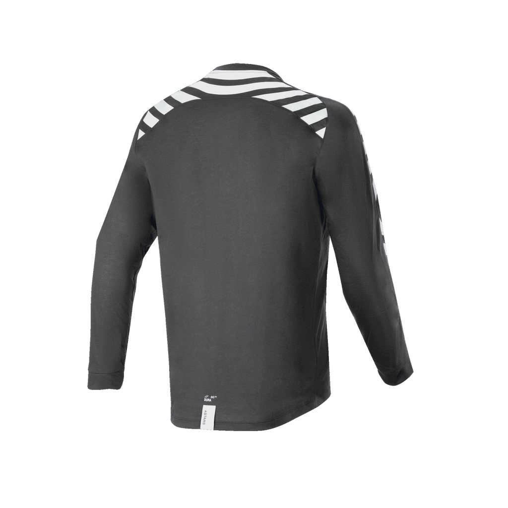 Alpinestars A-Dura Dri Oscar Long Sleeve Jersey, Black Reflective, back view featuring white reflective stripes on shoulders and arms, technical recycled drirelease fabric, longer drop tail hem for off-road cycling