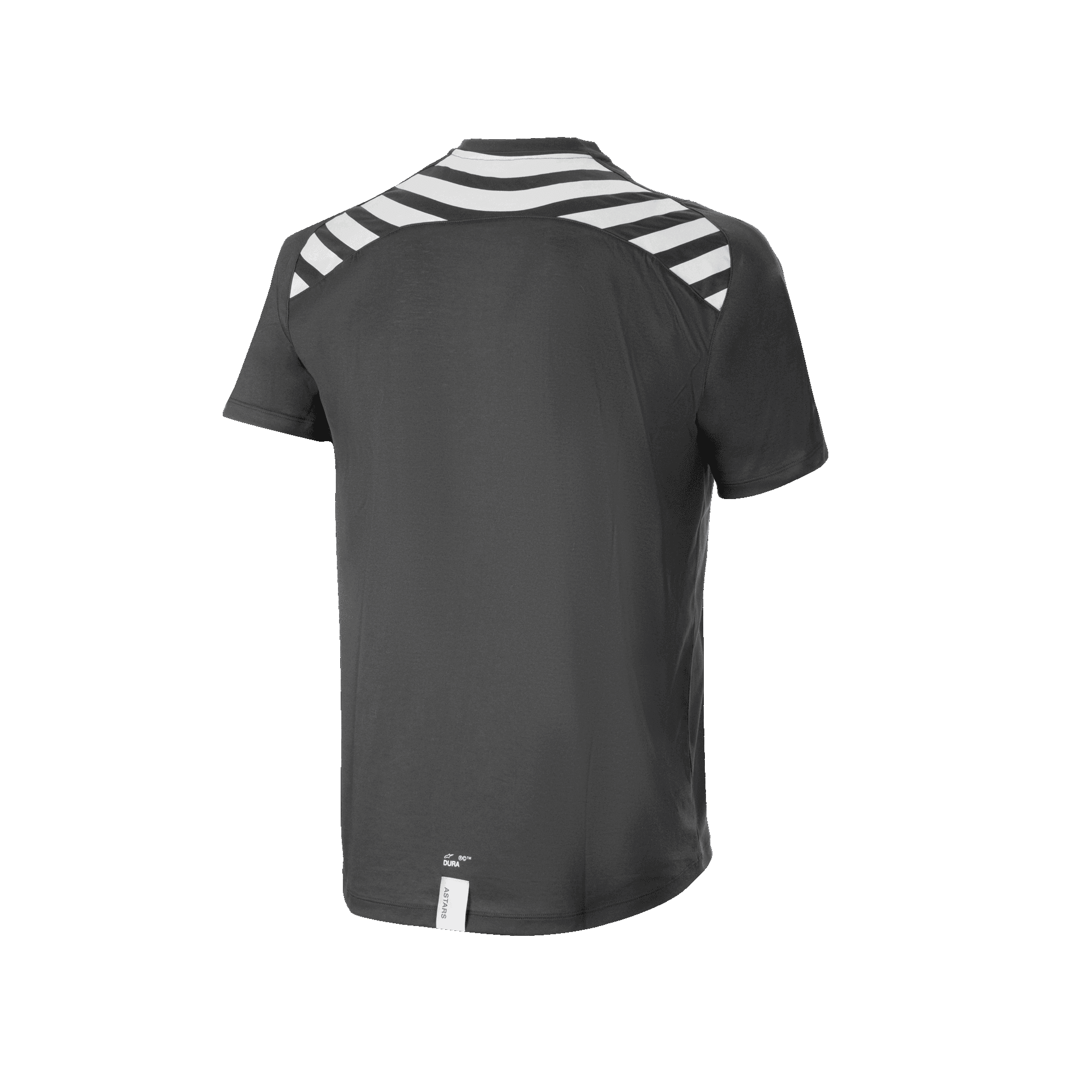 Alpinestars A-Dura Dri Oscar Kurzarmtrikot, MTB-Trikot, Schwarz Reflektierend, Rückansicht mit weißen diagonalen Streifen auf den Schultern und dem Rücken, verlängerter Rückensaum für optimale Abdeckung beim Radfahren