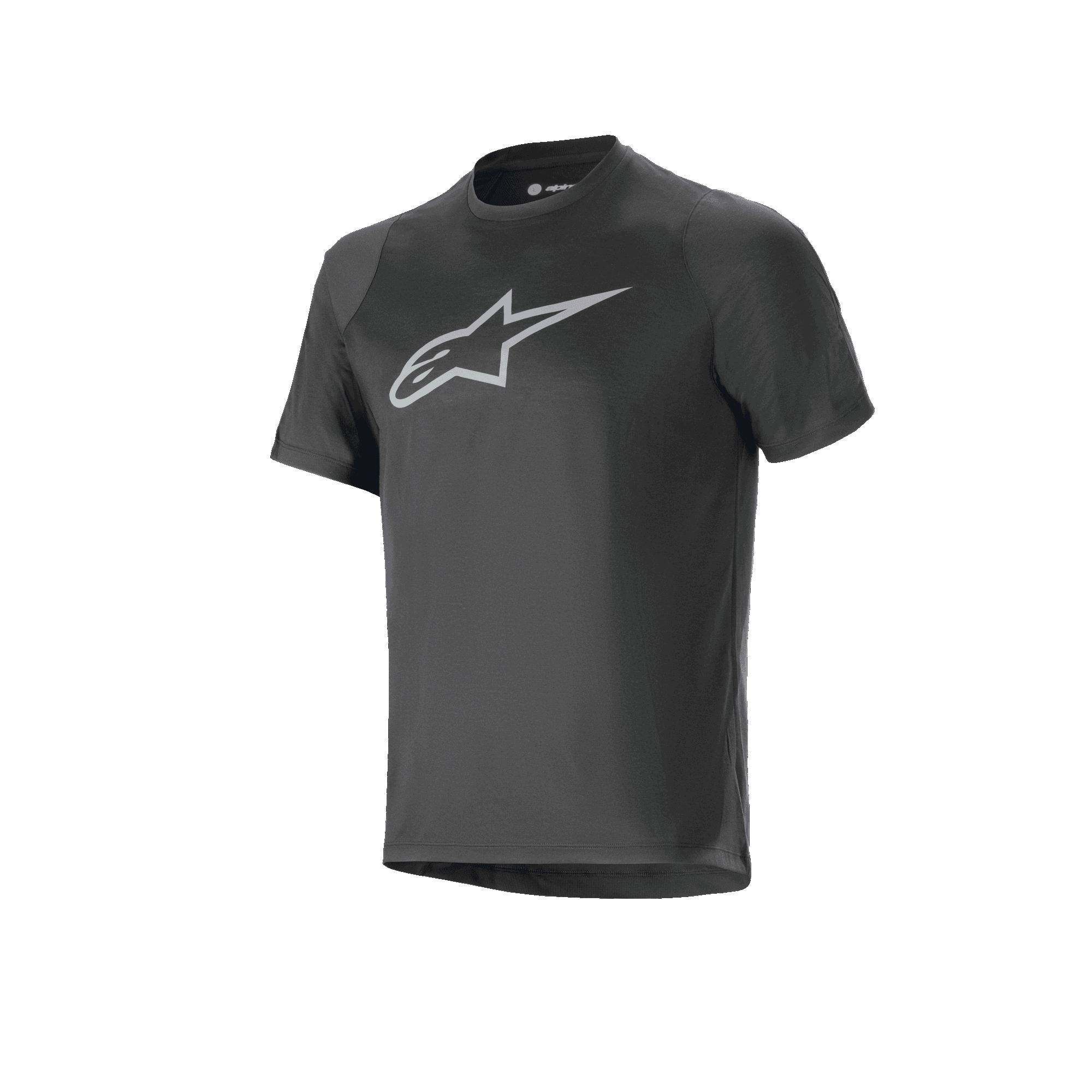 Alpinestars A-Dura Dri Oscar Kurzarmtrikot, Schwarz Reflektierend, mit einem großen, silbernen, reflektierenden Alpinestars-Logo auf der Brust, technisches Mountainbike-Trikot mit regulärer Passform