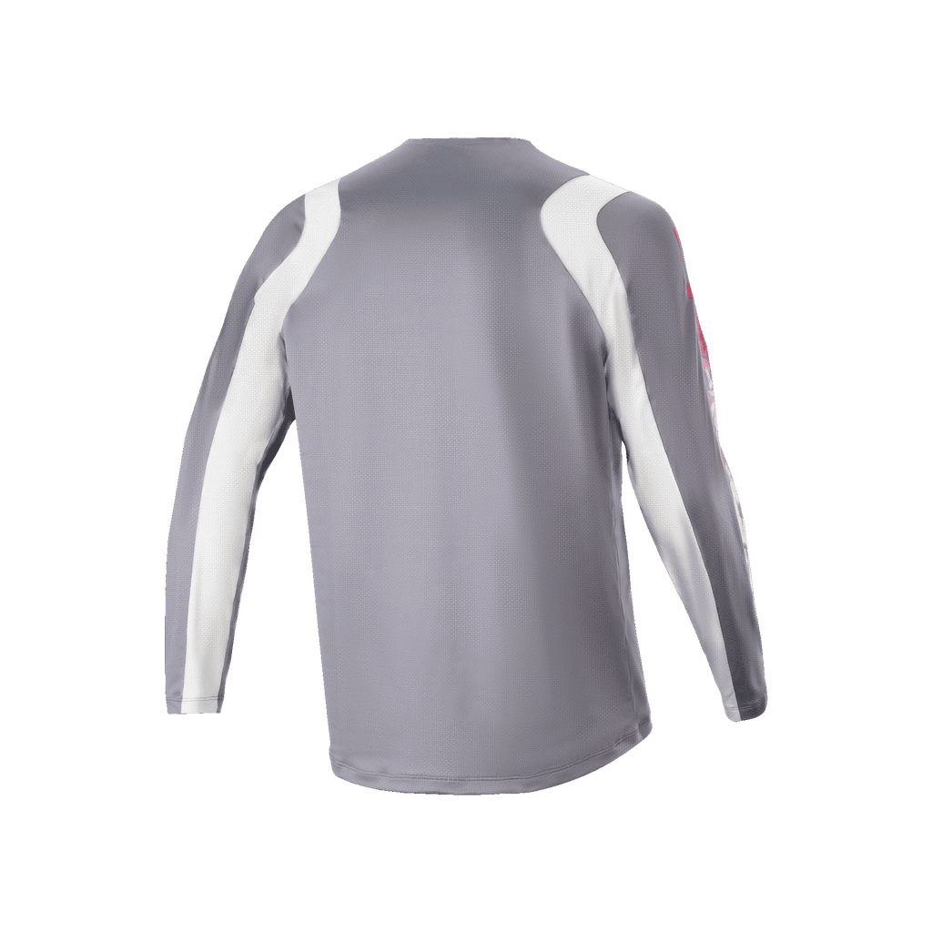 Alpinestars A-Supra Astar Jersey met lange mouwen, donkergrijs en wit, achteraanzicht met geventileerde mesh-textuur en langere afhangende achterzijde, performance fietskleding voor MTB