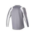 Alpinestars A-Supra Astar Jersey met lange mouwen, donkergrijs en wit, achteraanzicht met geventileerde mesh-textuur en langere afhangende achterzijde, performance fietskleding voor MTB