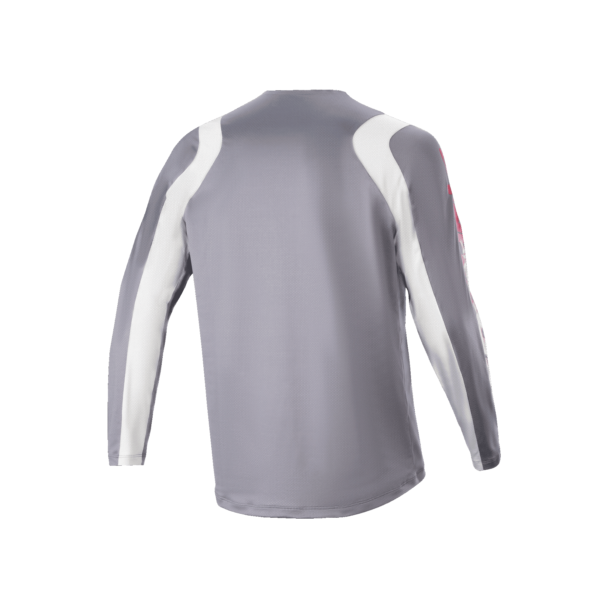 Alpinestars A-Supra Astar Jersey met lange mouwen, donkergrijs en wit, achteraanzicht met geventileerde mesh-textuur en langere afhangende achterzijde, performance fietskleding voor MTB