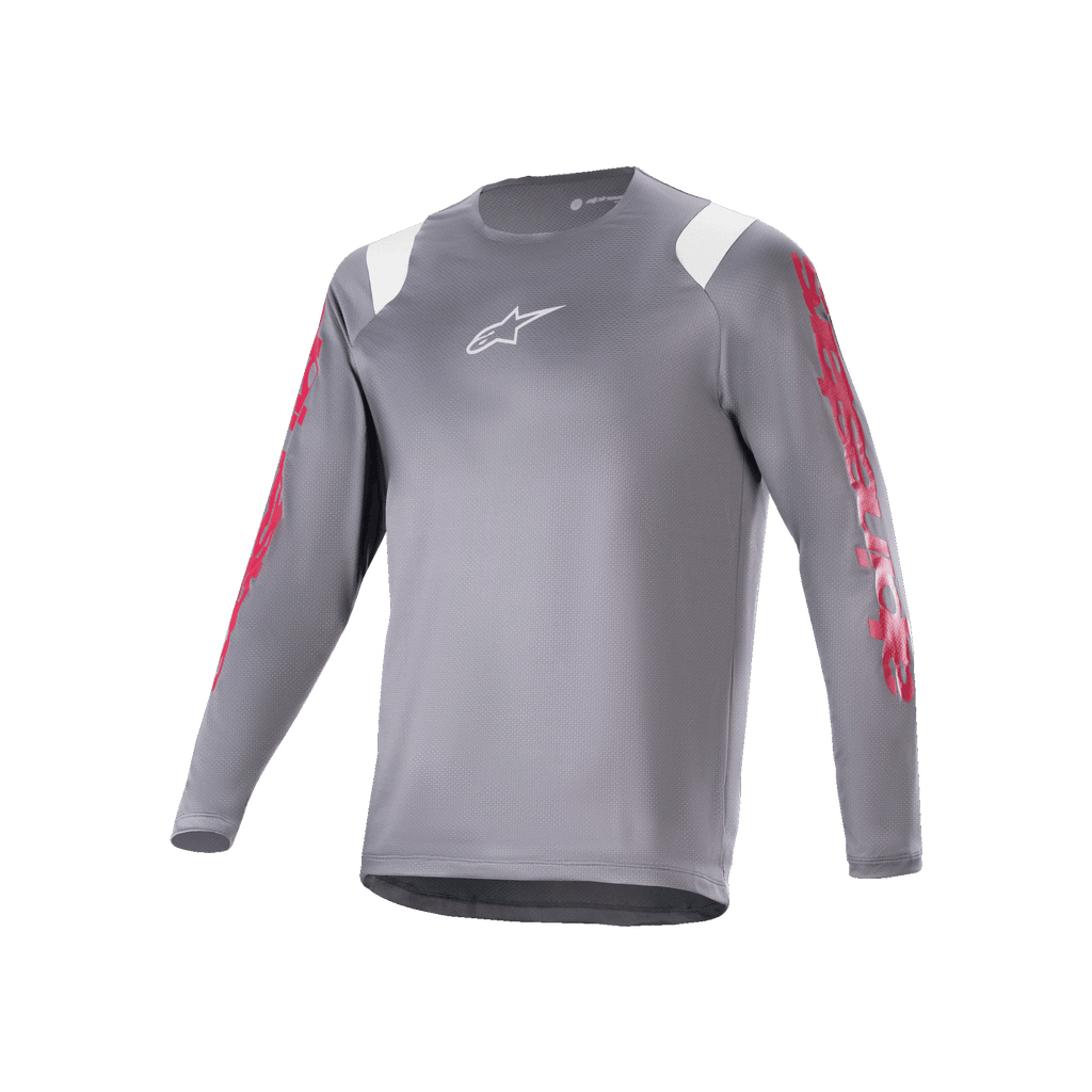 Alpinestars A-Supra Astar Jersey met lange mouwen, donkergrijze MTB-jersey met rode graphics op de mouwen en witte schouderaccenten, wit Astars-logo op de borst, performance fietskleding voor mountainbiken