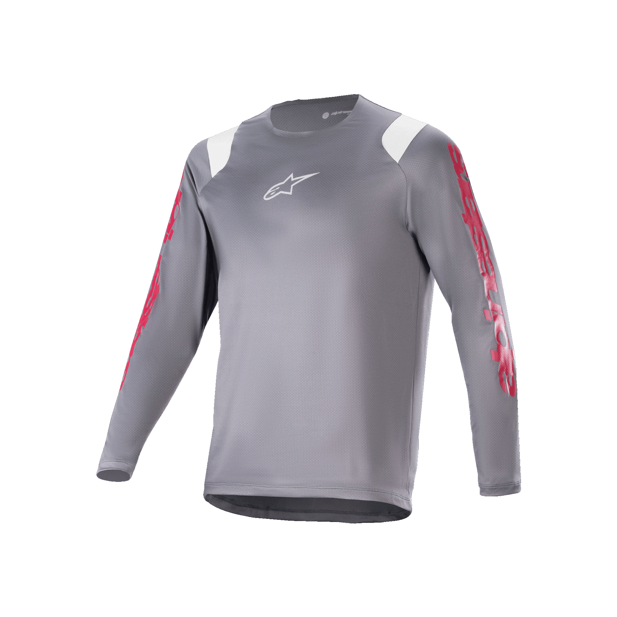 Alpinestars A-Supra Astar Jersey met lange mouwen, donkergrijze MTB-jersey met rode graphics op de mouwen en witte schouderaccenten, wit Astars-logo op de borst, performance fietskleding voor mountainbiken