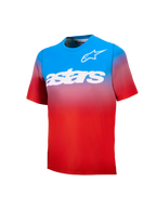 Maillot VTT Jeune A-Dura Astars 2.0, dégradé bleu et rouge avec logos et mot-symbole blancs sur la poitrine.