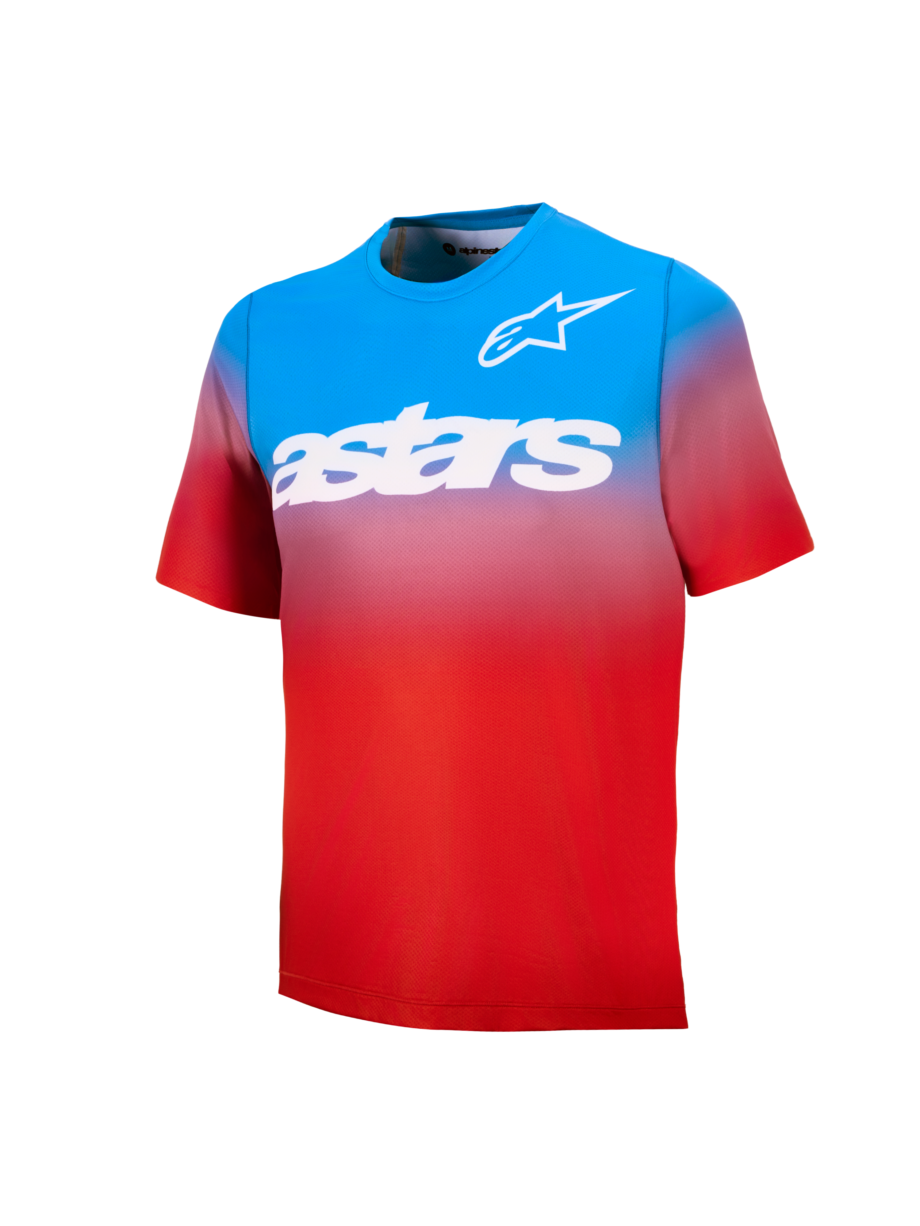 Maillot VTT Jeune A-Dura Astars 2.0, dégradé bleu et rouge avec logos et mot-symbole blancs sur la poitrine.
