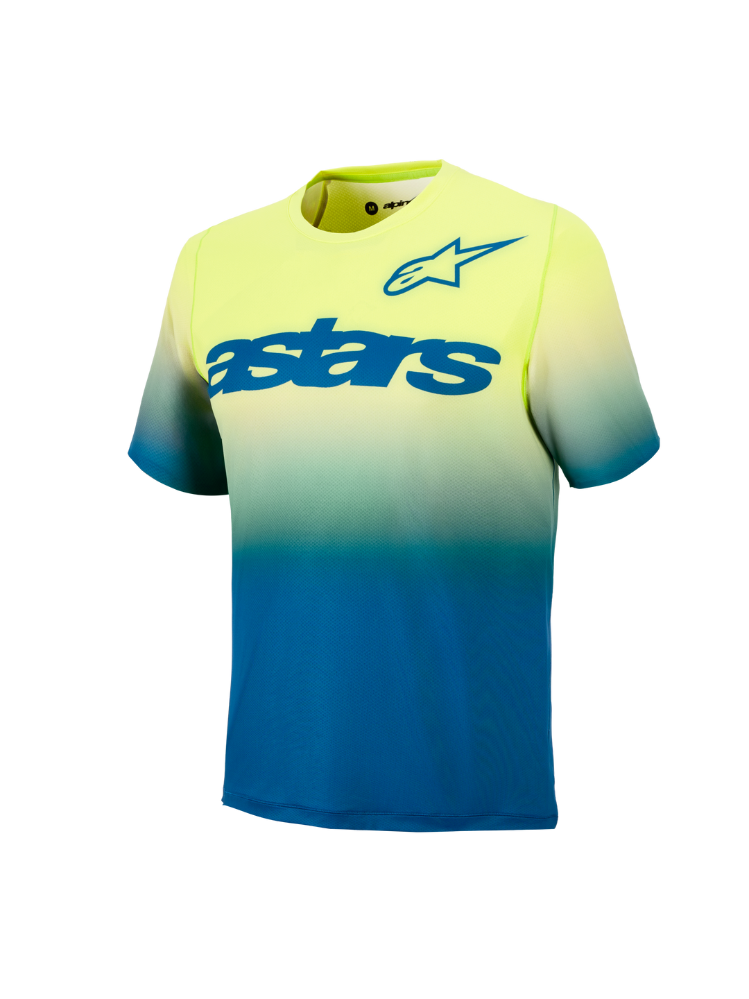 Maillot VTT Youth A-Dura Astars 2.0, manches courtes, dégradé jaune et bleu avec logos bleus sur la poitrine.