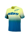 Maillot VTT Youth A-Dura Astars 2.0, manches courtes, dégradé jaune et bleu avec logos bleus sur la poitrine.