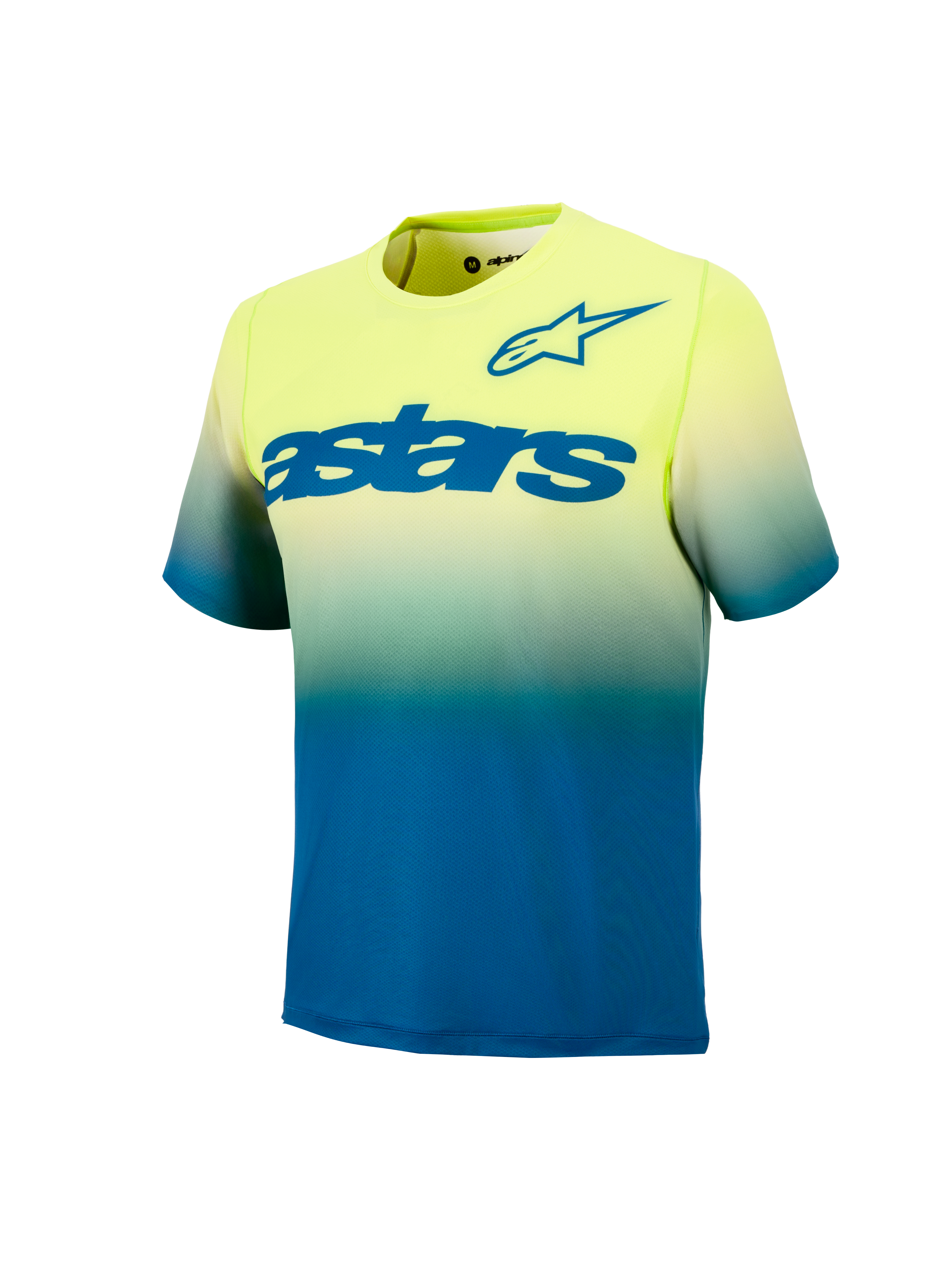 Maillot VTT Youth A-Dura Astars 2.0, manches courtes, dégradé jaune et bleu avec logos bleus sur la poitrine.