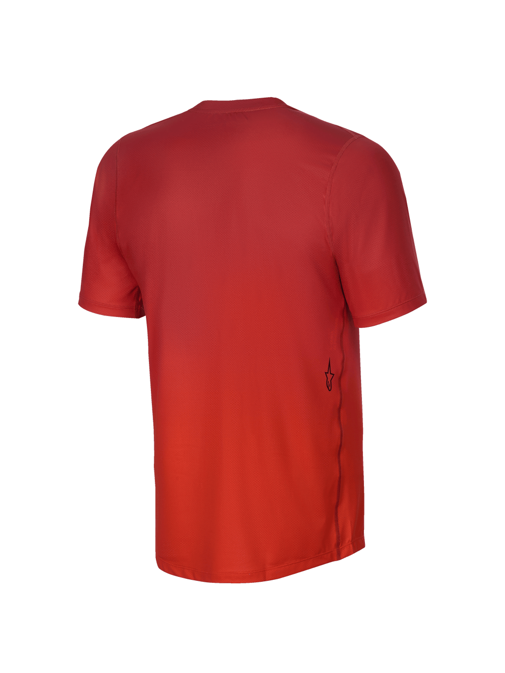 Maillot à manches courtes Alpinestars Youth A-Dura Rise, vue arrière, Spicy Orange, texture en tissu jacquard, petit logo Astars noir sur le côté inférieur, pan arrière allongé pour une protection optimale en VTT.