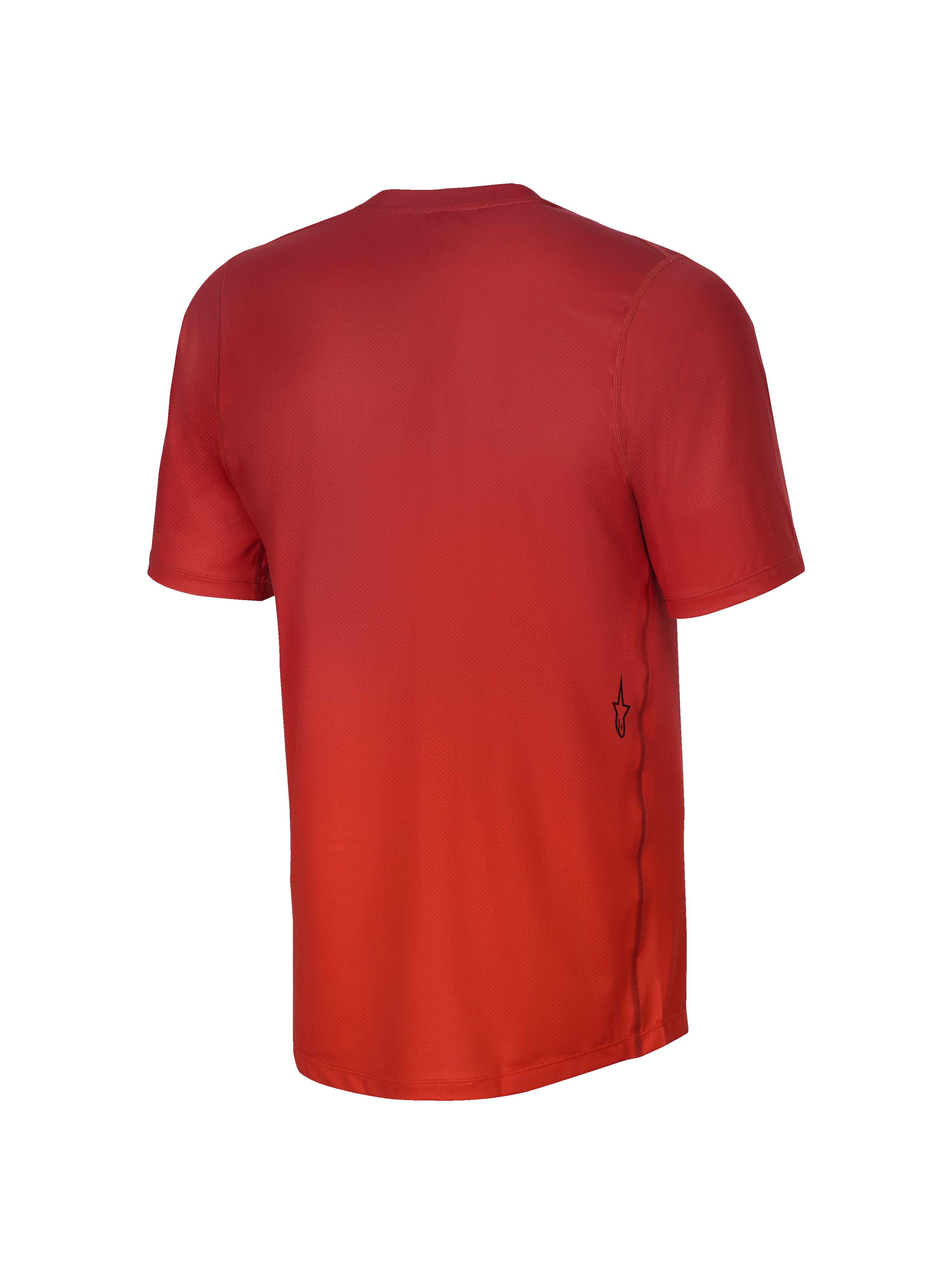 Maillot à manches courtes Alpinestars Youth A-Dura Rise, vue arrière, Spicy Orange, texture en tissu jacquard, petit logo Astars noir sur le côté inférieur, pan arrière allongé pour une protection optimale en VTT.