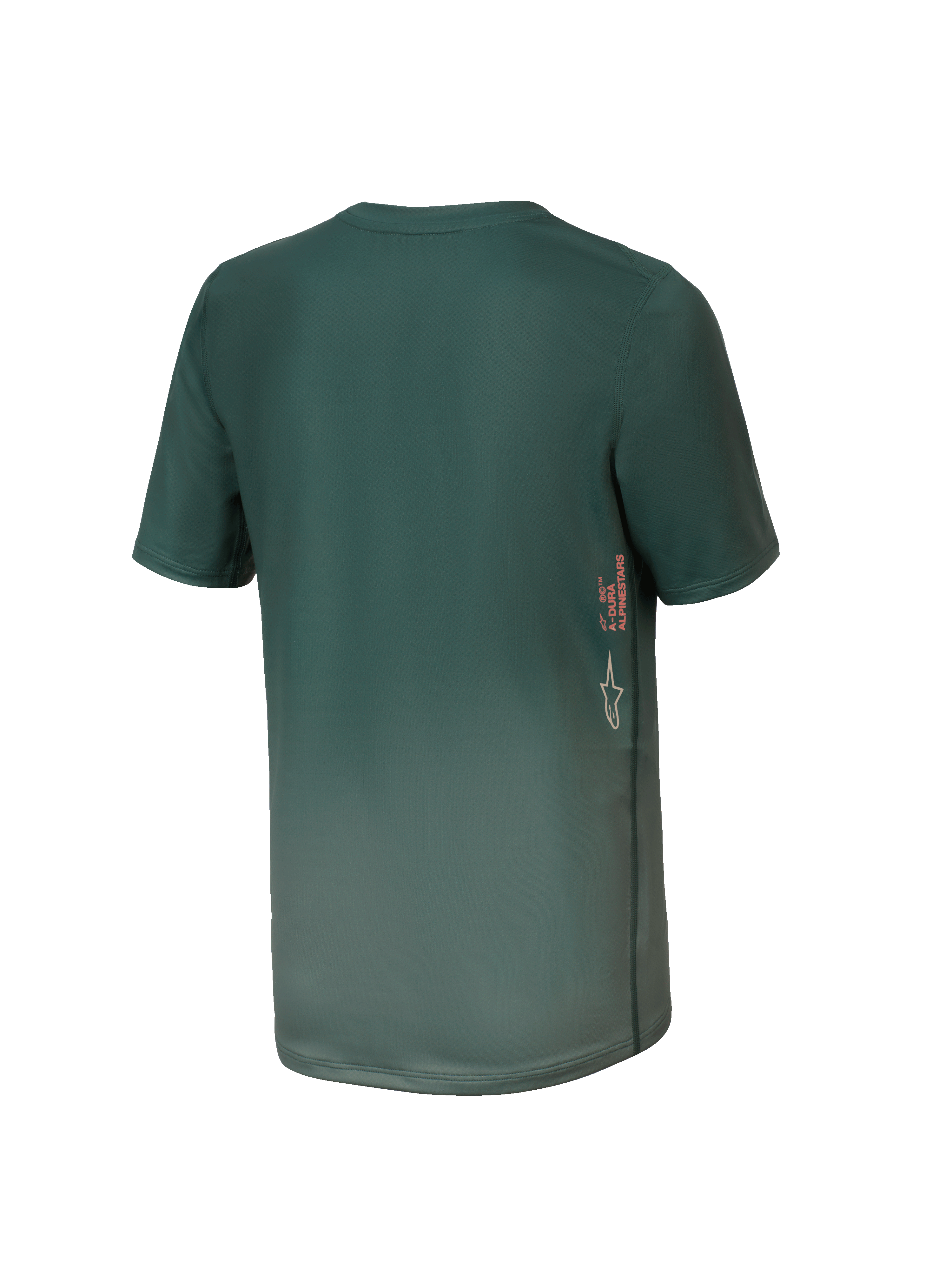 Maillot de VTT à manches courtes Alpinestars Youth A-Dura Rise, vert Silver Pine, vue arrière présentant le marquage vertical A-DURA et le logo Astars sur le côté, ourlet arrière allongé, tissu technique évacuant l'humidité