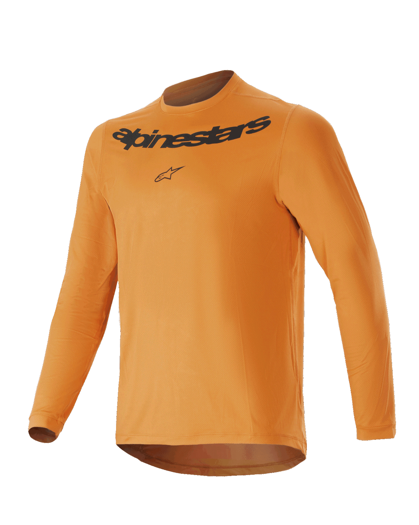 Alpinestars Youth A-Dura Rocker Jersey met lange mouwen, donkergoud, met zwart Alpinestars-woordmerk en logo op de borst, ronde hals, verlengde achterzijde, lichtgewicht performance mountainbike-kleding