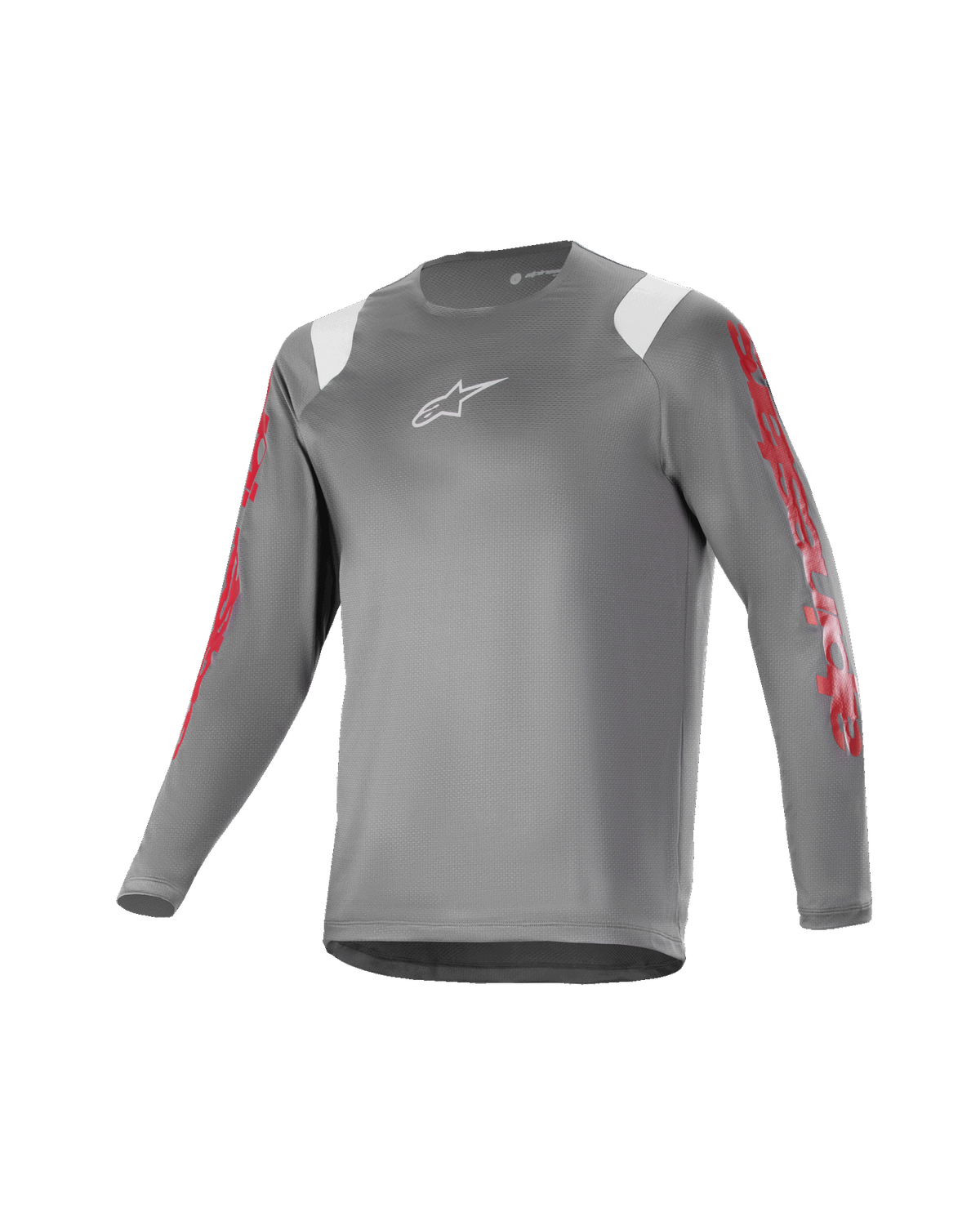 Alpinestars Jugend A Supra Astar Langarmtrikot, Dunkelgrau mit weißen Schulterakzenten und rotem Ärmel-Branding, weißes Brustlogo, atmungsaktives Funktionsgewebe, Rundhalsausschnitt, athletische Performance-Passform für Mountainbiking