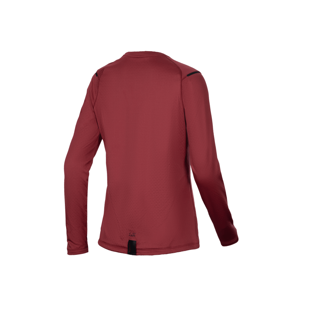Alpinestars Stella A-Dura Thermo Jersey, dames mtb-fietsshirt met lange mouwen, achteraanzicht met verlengde drop tail, bordeauxrood, geïsoleerde fleecevoering voor mountainbiken bij koud weer