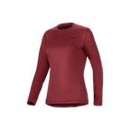 Alpinestars Stella A-Dura Thermo Jersey, damestheermoshirt met lange mouwen, bordeauxrood, geïsoleerd fleece en verlengde drop tail, mountainbikekleding.