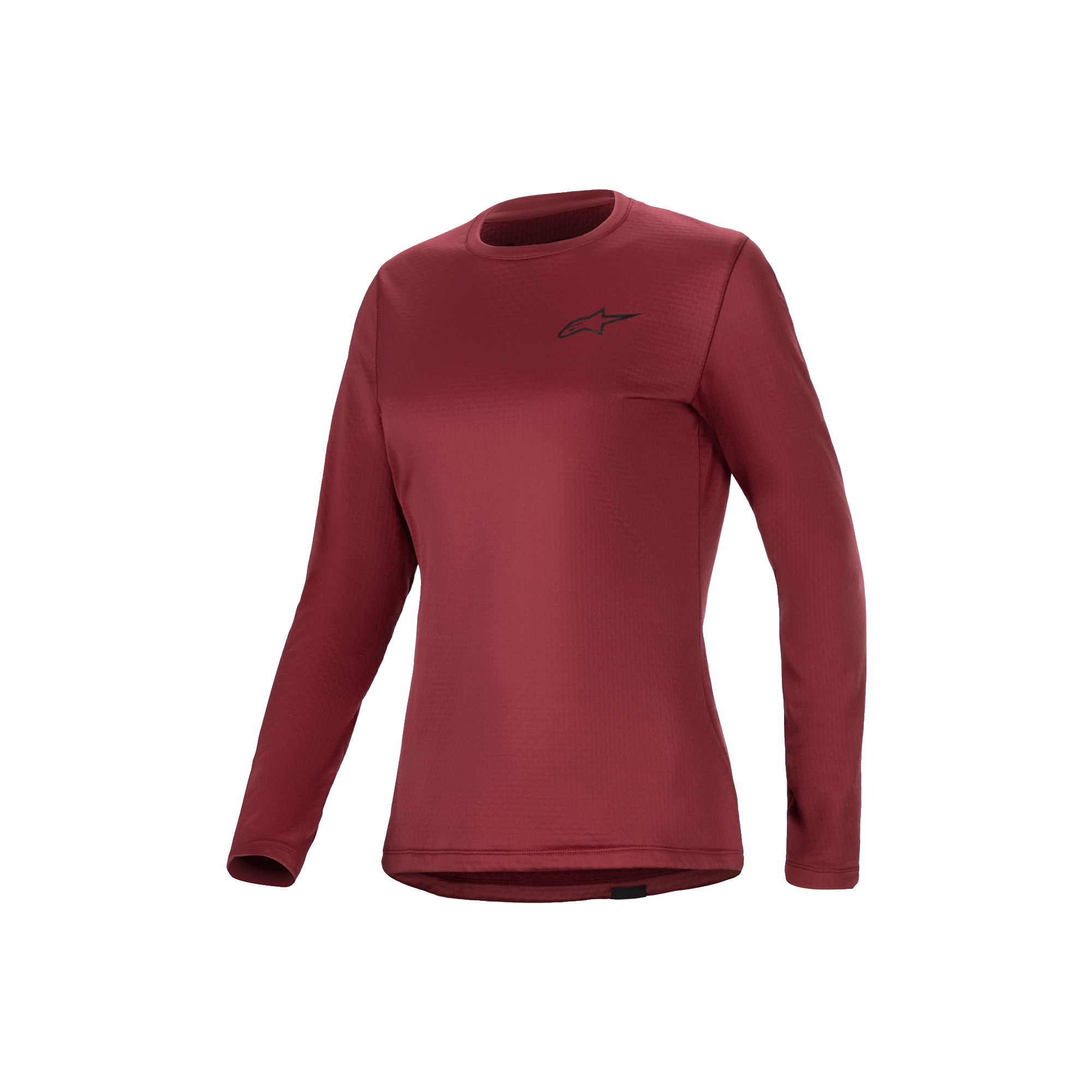 Alpinestars Stella A-Dura Thermo Jersey, damestheermoshirt met lange mouwen, bordeauxrood, geïsoleerd fleece en verlengde drop tail, mountainbikekleding.