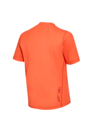 Maillot Stella A-Dura Ride femme orange, vue de dos montrant le tissu jacquard et le logo Alpinestars.