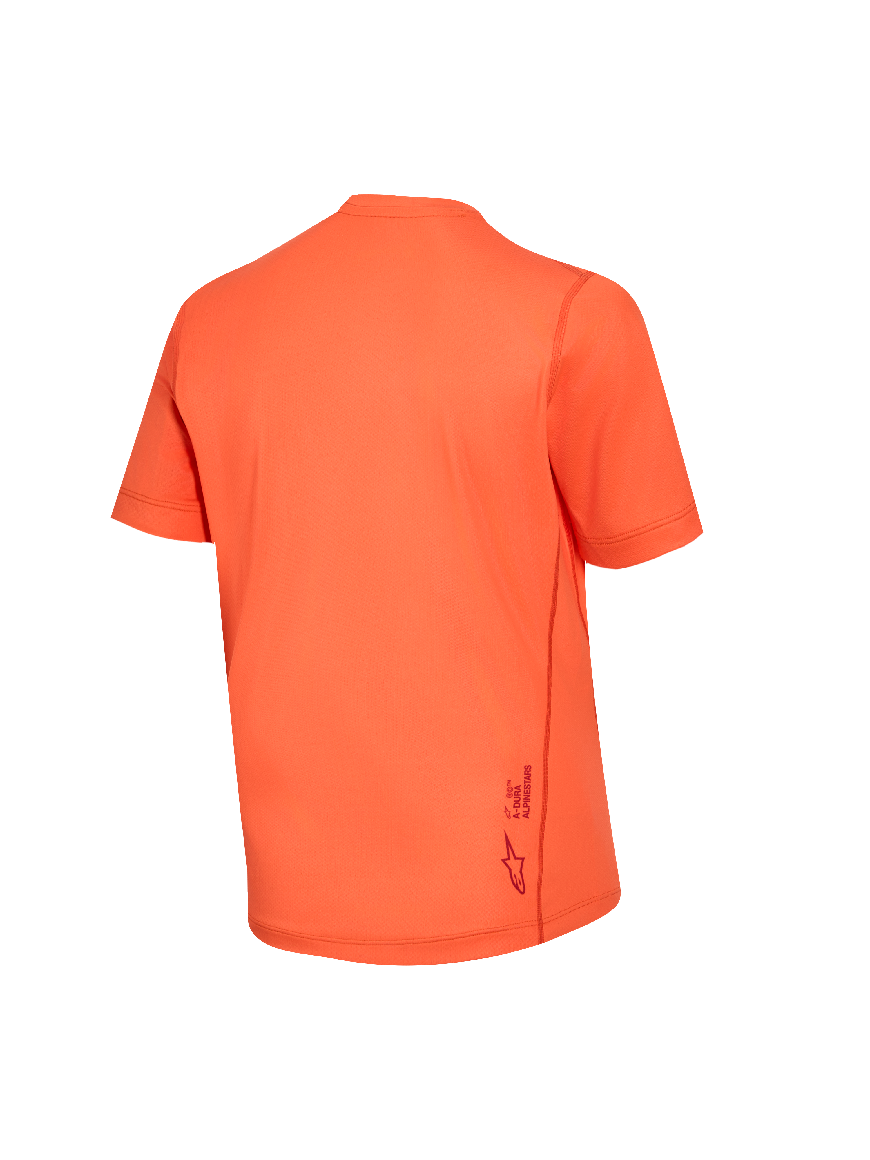 Maillot Stella A-Dura Ride femme orange, vue de dos montrant le tissu jacquard et le logo Alpinestars.