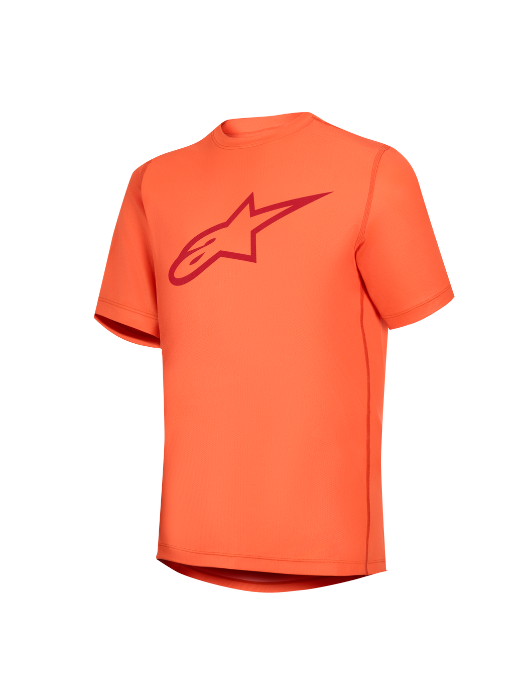 Maillot orange Stella A-Dura Ride pour femme, manches courtes, logo Astars rouge, équipement de VTT performant.