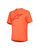 Maillot orange Stella A-Dura Ride pour femme, manches courtes, logo Astars rouge, équipement de VTT performant.
