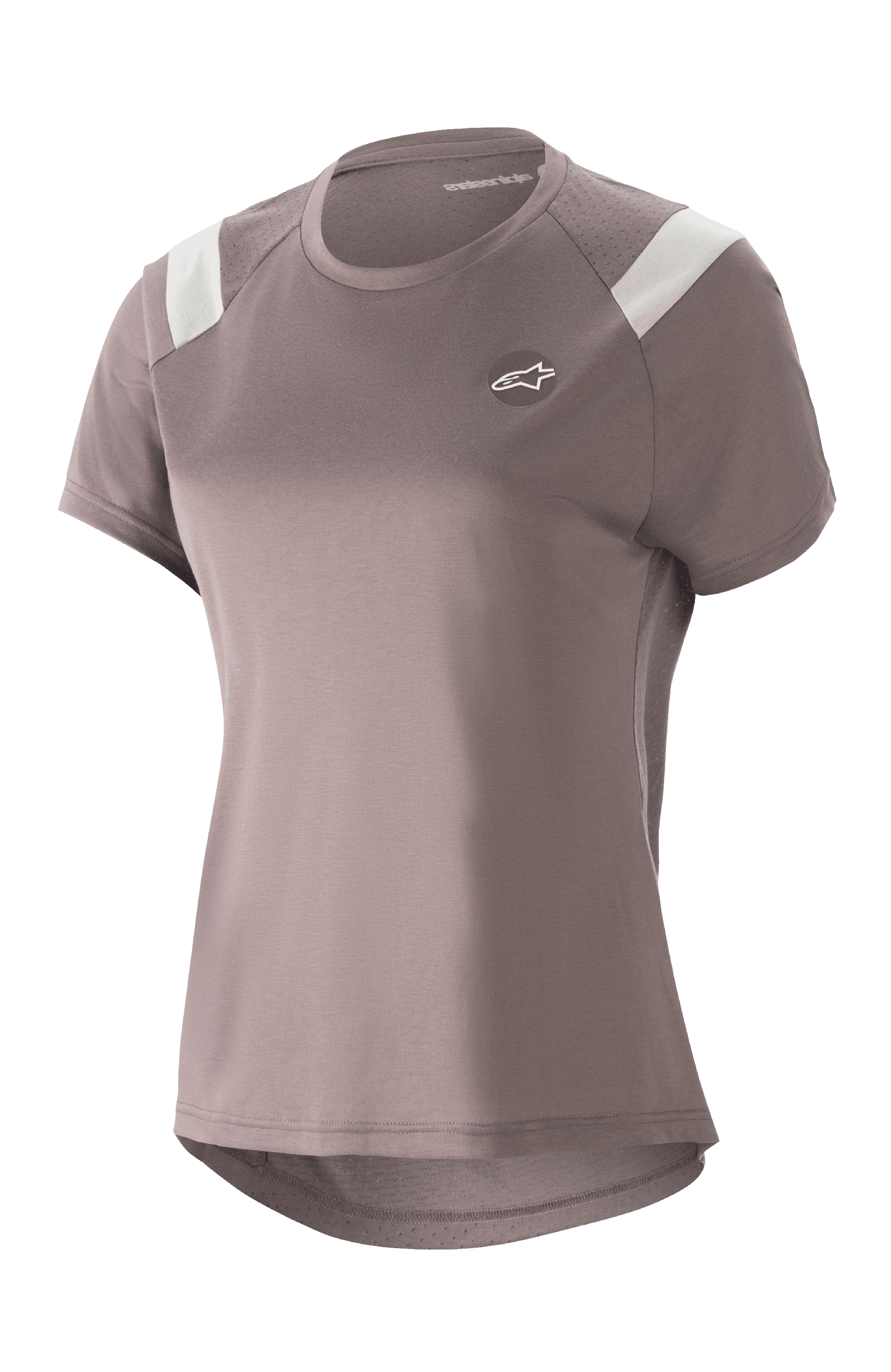 Maillot Alpinestars Stella Alps Escape pour femme, maillot de VTT à manches courtes, gris Sparrow Gray avec accents blancs sur les épaules, panneaux en maille perforée pour la respirabilité, ourlet arrière arrondi et plus long, petit logo Astar circulaire sur la poitrine, coupe sportive décontractée pour le VTT