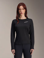 Alpinestars Stella A-Dura Thermal Jersey, MTB-fietsshirt voor dames met lange mouwen, zwart met wit sterlogo op de borst, lichtgewicht geïsoleerde stof voor fietsen in koud weer, ontworpen voor laagjes en comfort op de trail