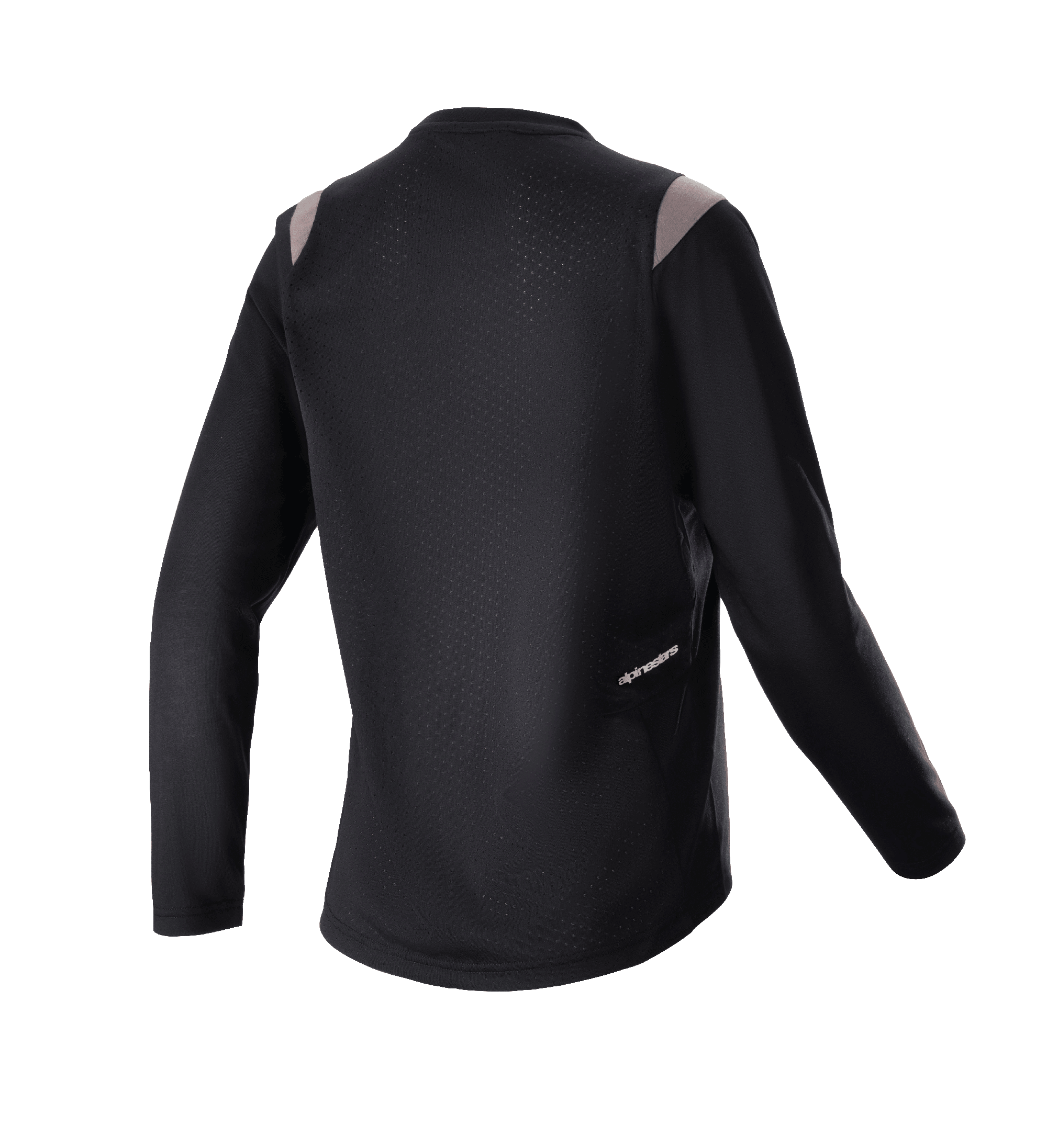 Maillot à manches longues Alpinestars Stella Alps Escape pour femme, noir avec accents gris sur les épaules, vue arrière montrant le panneau en maille perforée pour la ventilation et petit logo Alpinestars, équipement de VTT