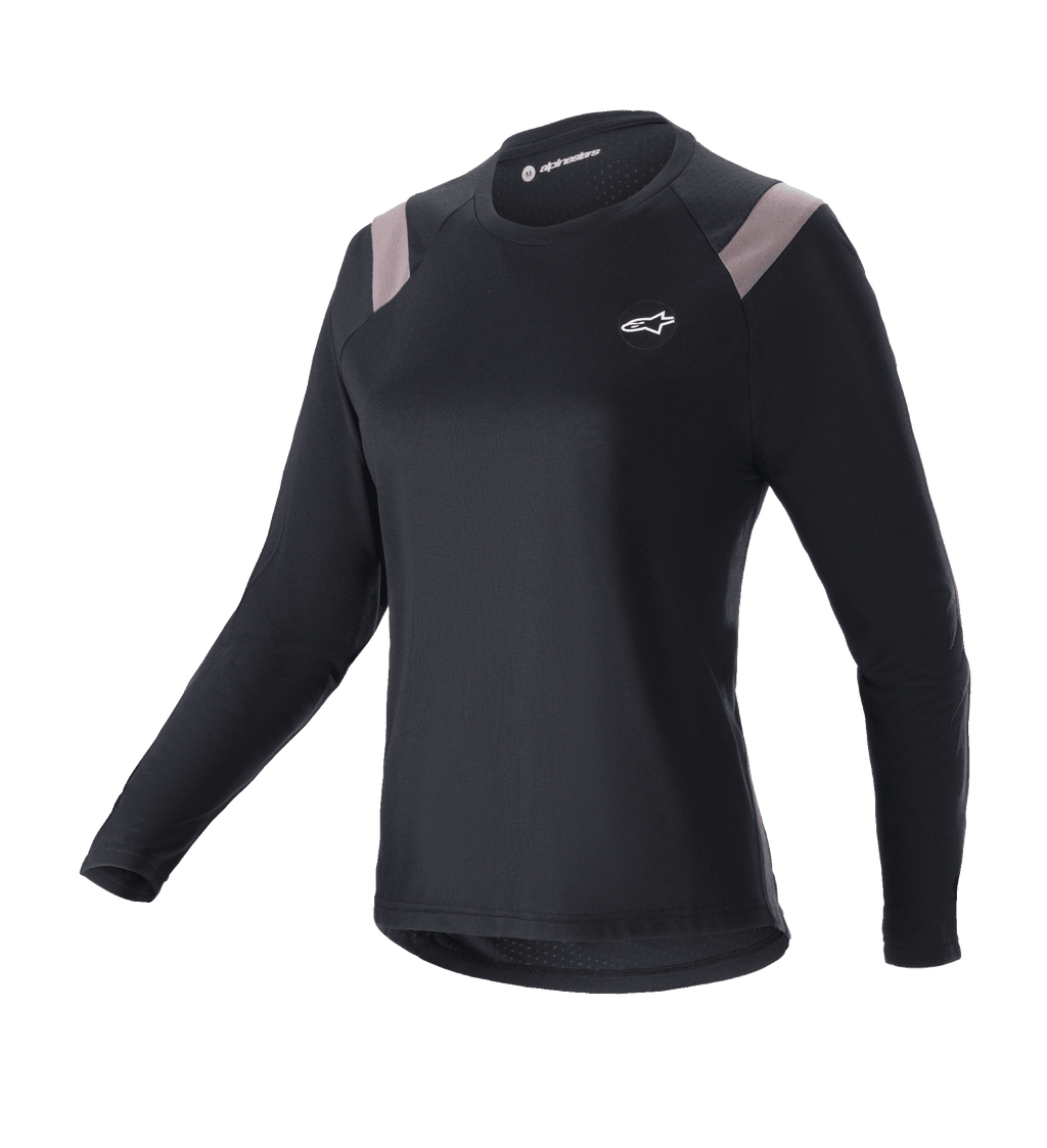 Alpinestars Stella Alps Escape Jersey, maillot de VTT à manches longues pour femme, noir avec empiècements gris clair sur les épaules, col rond, petit logo blanc sur la poitrine, coupe athlétique performante