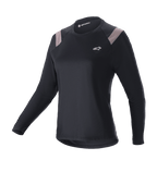 Alpinestars Stella Alps Escape Jersey, maillot de VTT à manches longues pour femme, noir avec empiècements gris clair sur les épaules, col rond, petit logo blanc sur la poitrine, coupe athlétique performante