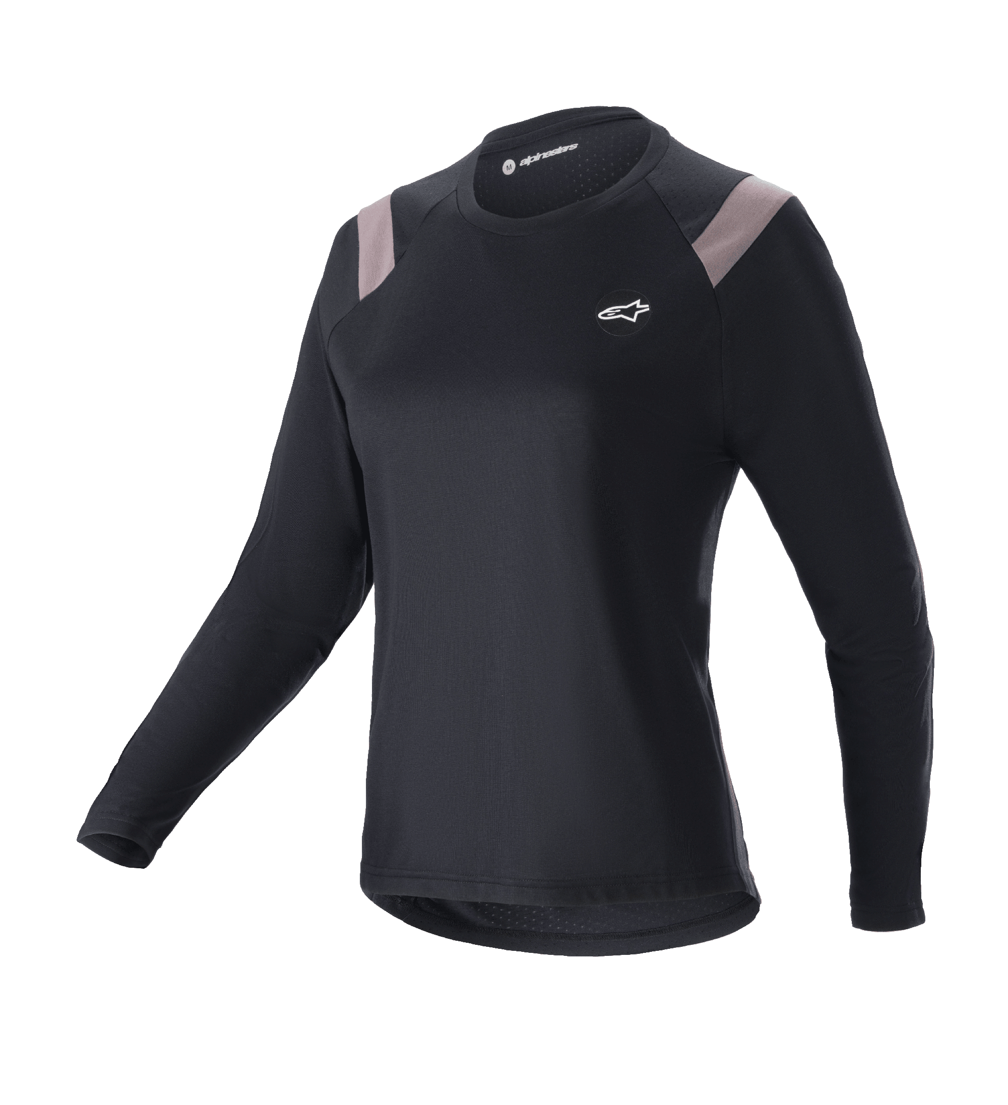 Alpinestars Stella Alps Escape Jersey Langarm, Damen-Mountainbike-Trikot, Schwarz mit hellgrauen Schulterpartien, Rundhalskragen, kleines weißes Logo auf der Brust, sportliche athletische Passform