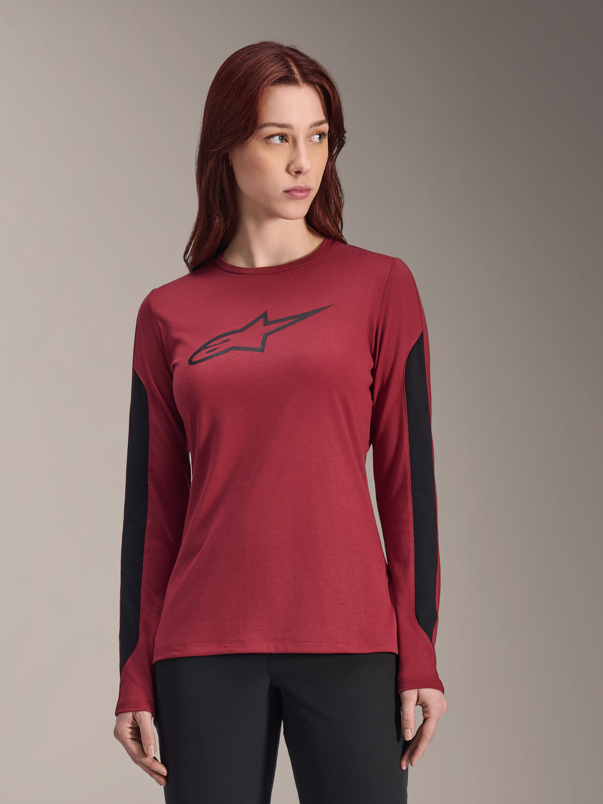 Alpinestars Women Stella A-Dura Dri Astar Long Sleeve Jersey, Burgundy Red with black side panels, black chest logo, moisture-wicking MTB trail riding apparel, women's dedicated fit