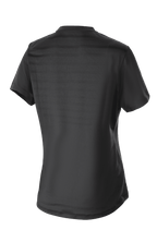 Maillot femme Alpinestars Stella Alps Constellation, maillot de VTT à manches courtes, noir, vue de dos présentant un motif de rayures en maille technique et un pan arrière allongé pour une couverture optimale à vélo