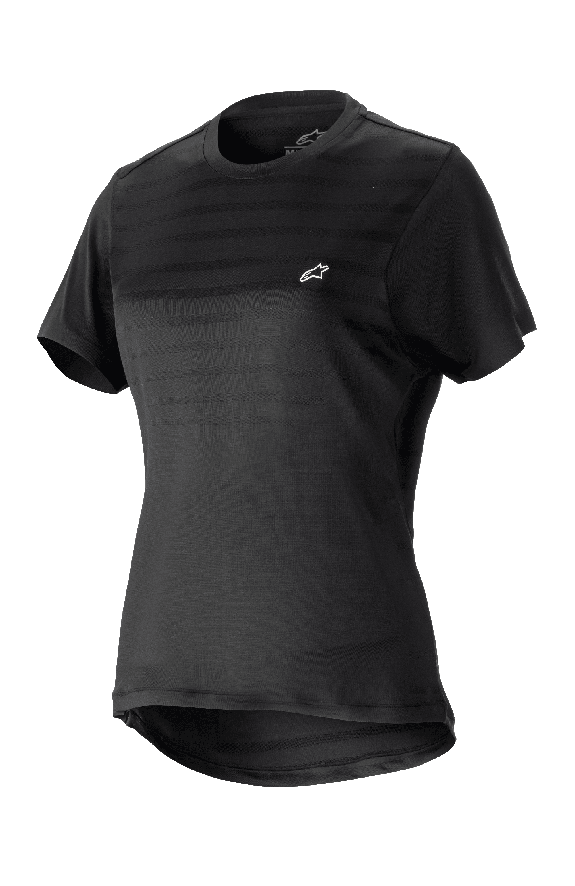 Alpinestars Stella Alps Constellation Jersey voor dames, mountainbikeshirt met korte mouwen, zwart met subtiele horizontale strepen op de borst, klein wit logo, ronde hals, verlengde achterzijde voor extra dekking, lichtgewicht ademende stof voor MTB