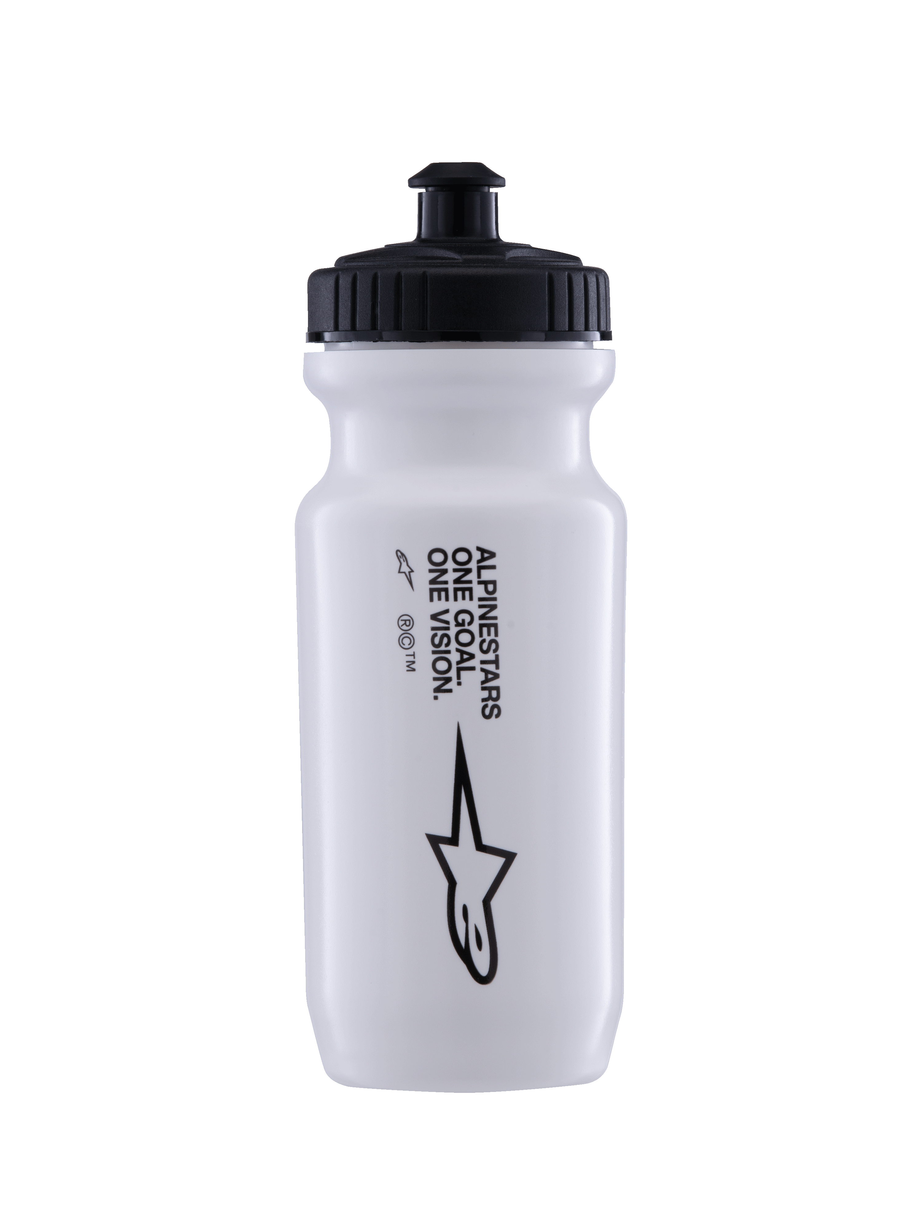 Alpinestars Ogov Trinkflasche 20oz, Weiß mit schwarzem Deckel, mit „One Goal One Vision“-Schriftzug und Alpinestars-Logo, Push-Pull-Verschluss, zylindrisches Quetschdesign für die Flüssigkeitszufuhr beim Radfahren