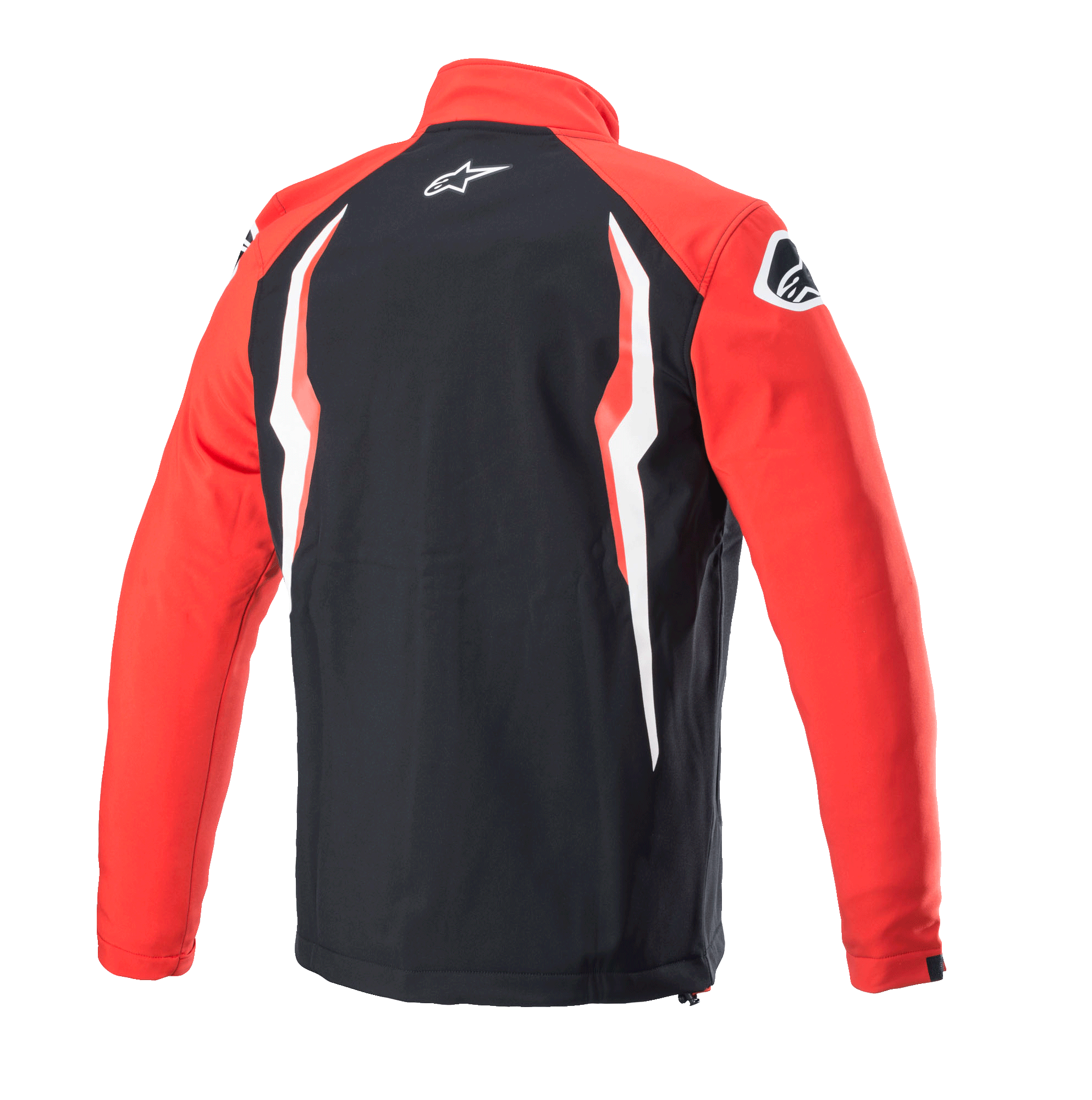 Veste Softshell Honda Alpinestars, rouge et noir, vue de dos avec panneau central noir et manches rouges, arborant des graphismes contrastés blancs et rouges, logo Alpinestars sur le col et l'épaule, design softshell sportif inspiré du sport automobile