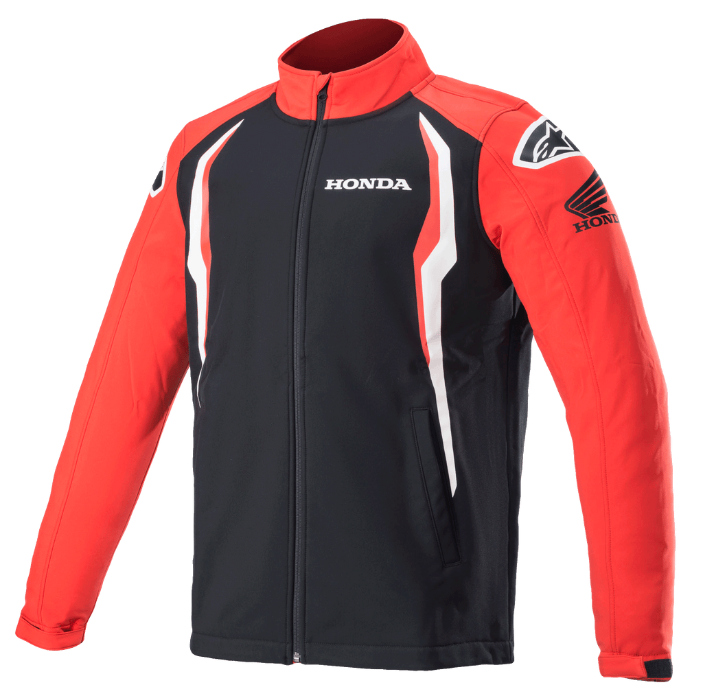 Veste Softshell Honda Alpinestars, veste sportswear, rouge et noire avec des accents blancs, panneaux contrastés, col montant avec fermeture éclair frontale, logos Honda et Alpinestars sur la poitrine et les épaules, vêtement lifestyle inspiré du sport automobile