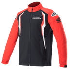 Veste Softshell Honda Alpinestars, veste sportswear, rouge et noire avec des accents blancs, panneaux contrastés, col montant avec fermeture éclair frontale, logos Honda et Alpinestars sur la poitrine et les épaules, vêtement lifestyle inspiré du sport automobile