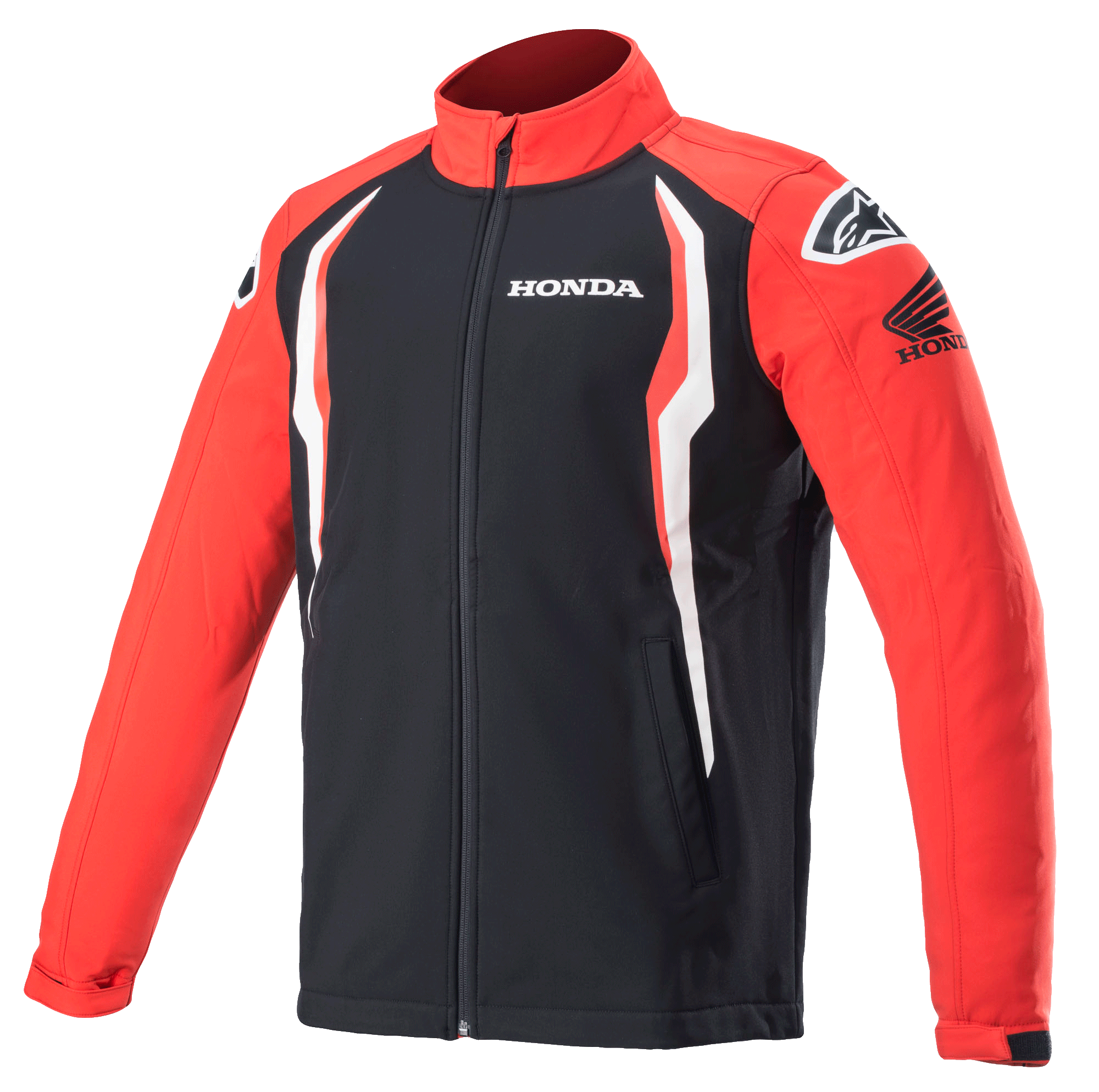 Veste Softshell Honda Alpinestars, veste sportswear, rouge et noire avec des accents blancs, panneaux contrastés, col montant avec fermeture éclair frontale, logos Honda et Alpinestars sur la poitrine et les épaules, vêtement lifestyle inspiré du sport automobile