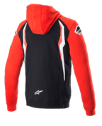 Alpinestars Honda Zip Hoodie, rood en zwart, achteraanzicht, co-branded fleece met rode capuchon en mouwen, zwarte achterkant met witte en rode contrastpanelen, Alpinestars sterlogo op de onderrug, casual motorsport-geïnspireerde streetwear