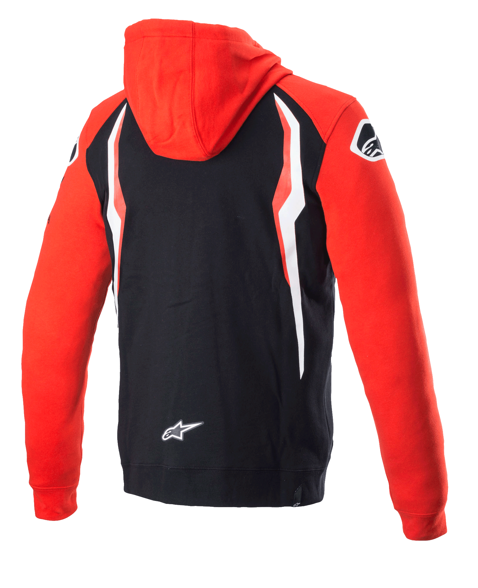 Alpinestars Honda Zip Hoodie, rood en zwart, achteraanzicht, co-branded fleece met rode capuchon en mouwen, zwarte achterkant met witte en rode contrastpanelen, Alpinestars sterlogo op de onderrug, casual motorsport-geïnspireerde streetwear