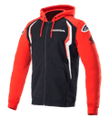 Alpinestars Honda Zip Hoodie, sweatshirt met volledige rits en capuchon, rood en zwart met witte accenten, Honda-branding op de borst en mouw, Alpinestars-logo's op de schouders, capuchon met trekkoord, casual motorsportkleding