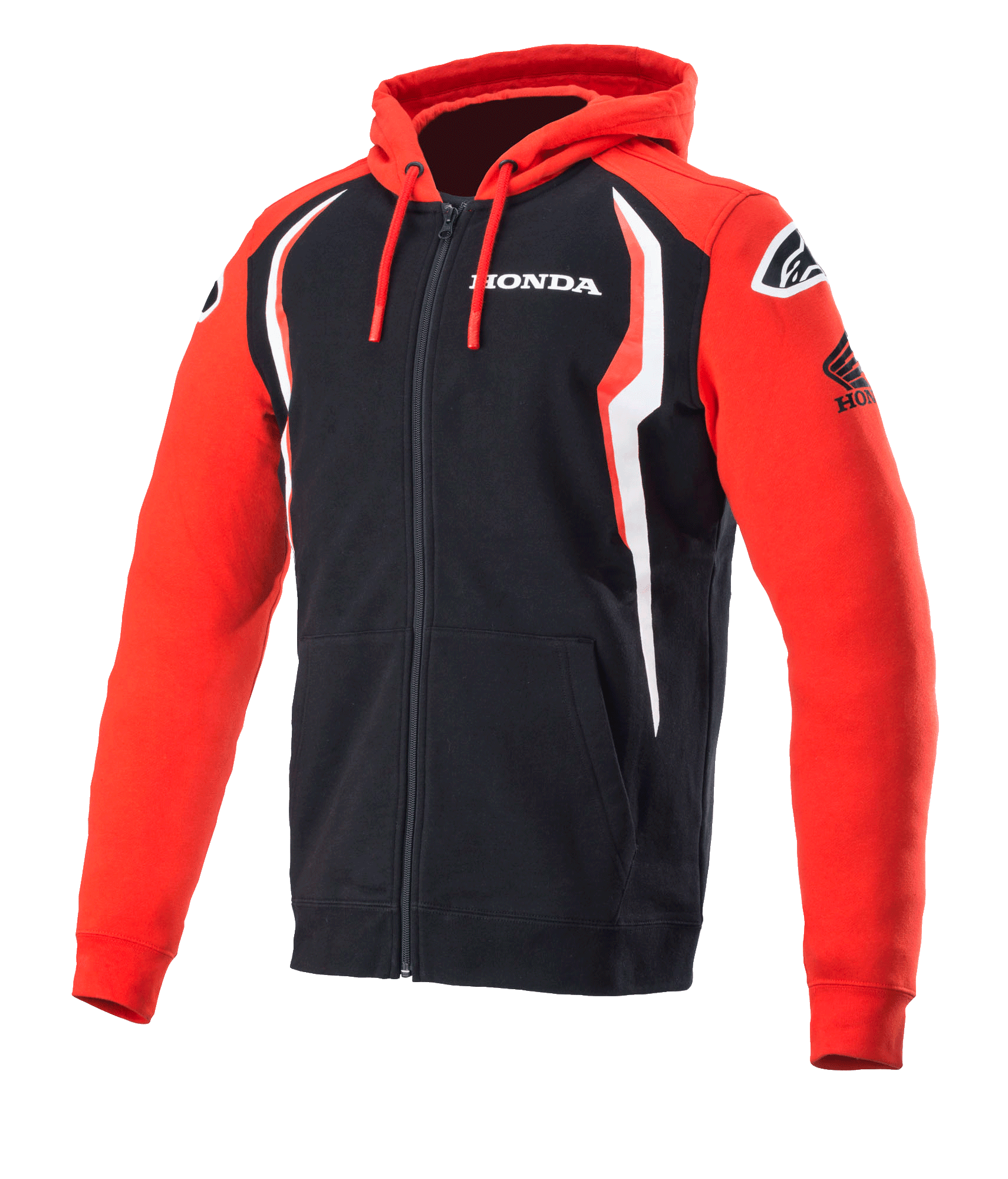 Alpinestars Honda Zip Hoodie, sweat à capuche zippé, rouge et noir avec des accents blancs, logo Honda sur la poitrine et la manche, logos Alpinestars sur les épaules, capuche avec cordon de serrage, vêtement de sport automobile décontracté