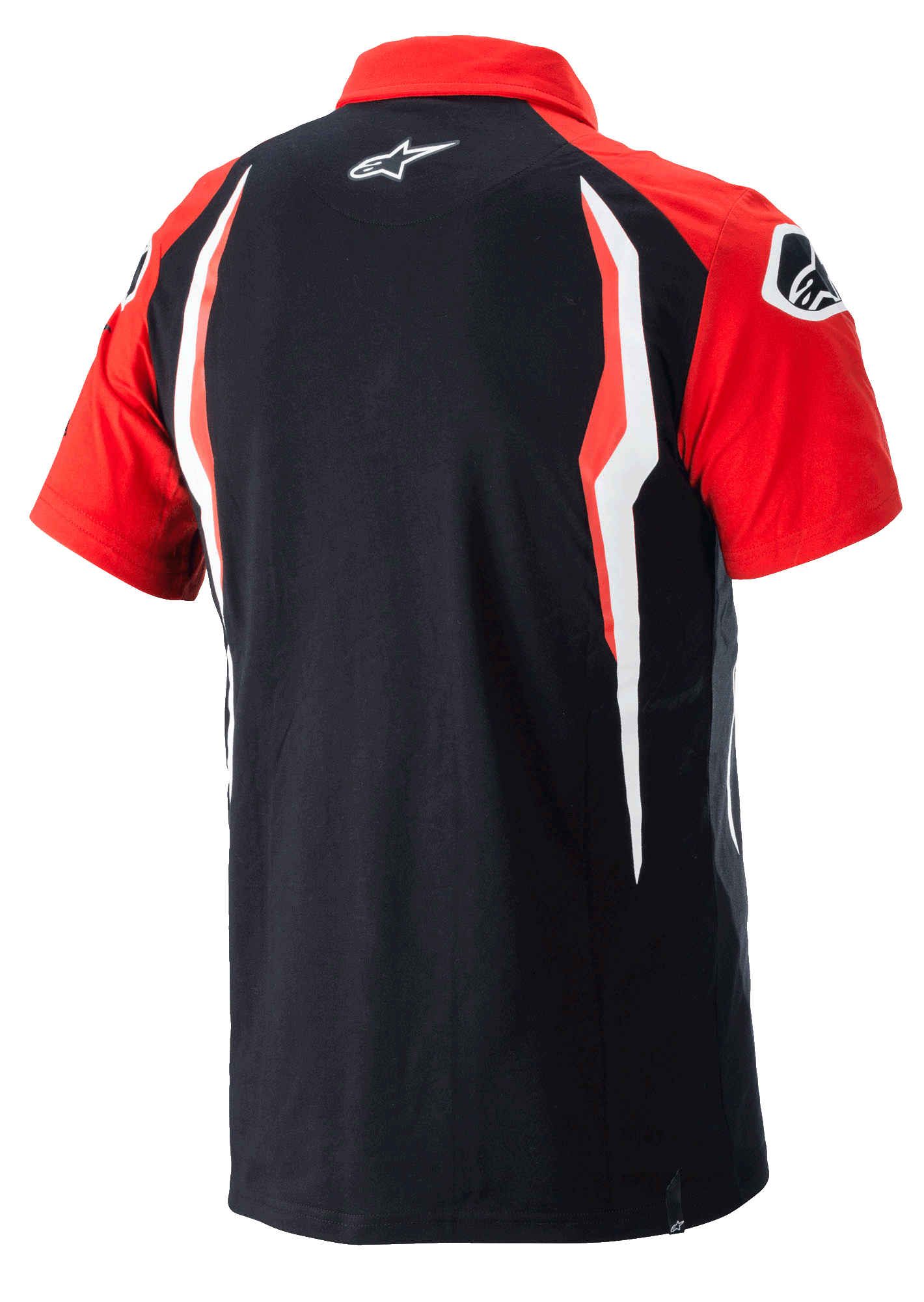 Polo Honda Alpinestars, polo à manches courtes, rouge et noir, vue arrière avec panneaux latéraux contrastés et logo Alpinestars dans le dos, vêtement sportswear décontracté