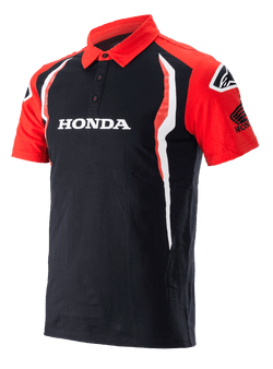 Alpinestars Honda Polo, Short Sleeve Polo Shirt, Black and Red, featuring a three-button placket, white Honda logo on the chest, Honda Wing logo on the sleeve, and vertical white and red side accents.