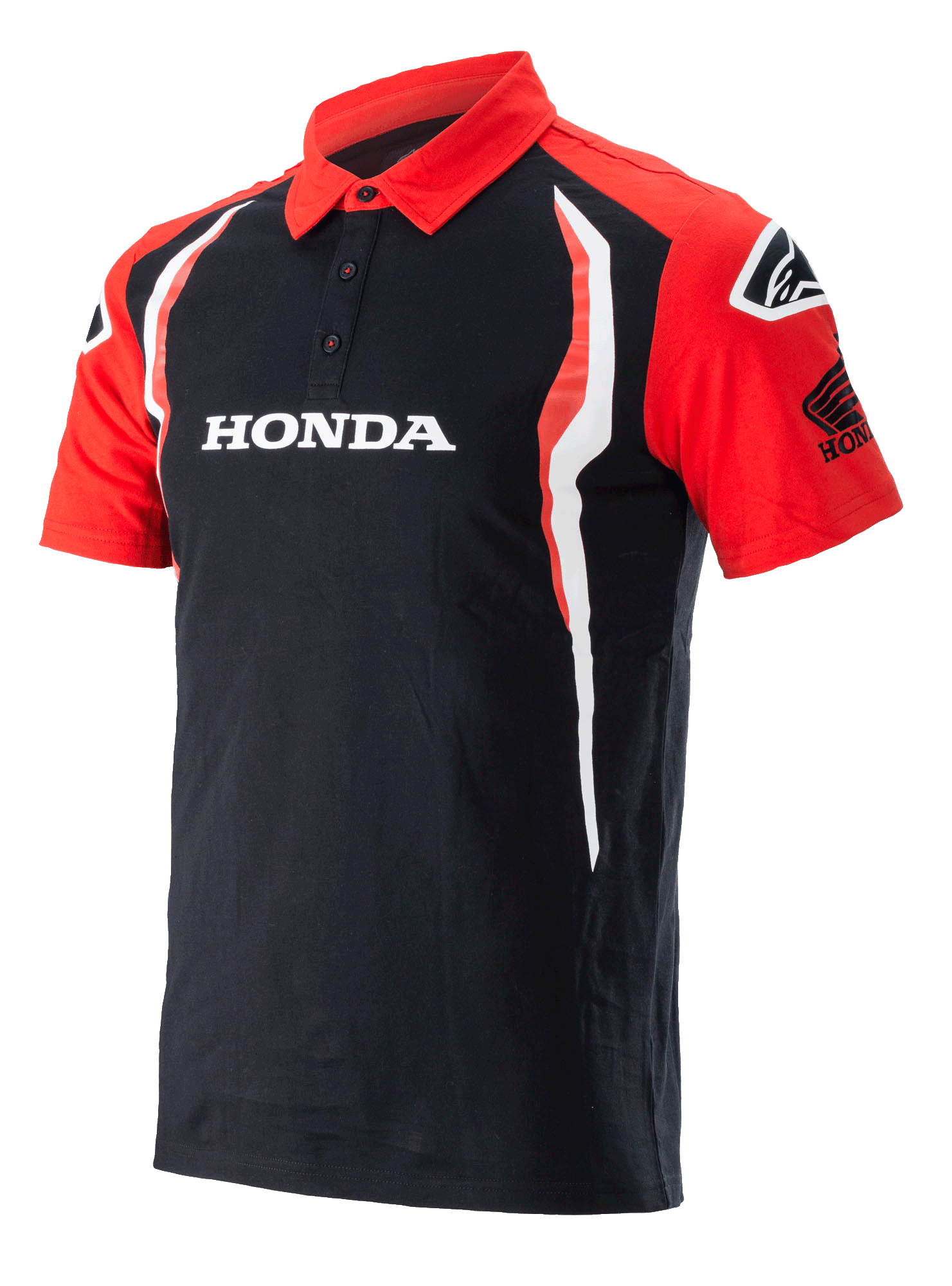 Alpinestars Honda Polo, Kurzarm-Poloshirt, Schwarz und Rot, mit Drei-Knopf-Leiste, weißem Honda-Logo auf der Brust, Honda-Wing-Logo auf dem Ärmel und vertikalen weiß-roten Seitenakzenten.