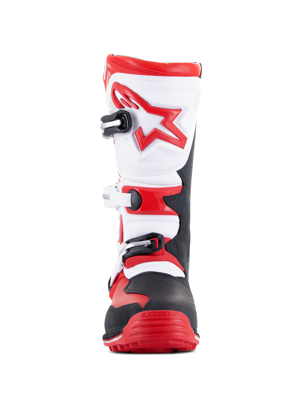 Alpinestars Tech-T Stiefel, Motorrad-Trial-Stiefel, Hellrot, Schwarz und Weiß, Vorderansicht mit ergonomischer weißer Schienbeinplatte und rotem Stern-Logo, Drei-Schnallen-Verschlusssystem, robuster schwarz-roter Zehenbereich, konzipiert für den Offroad-Trial-Sport