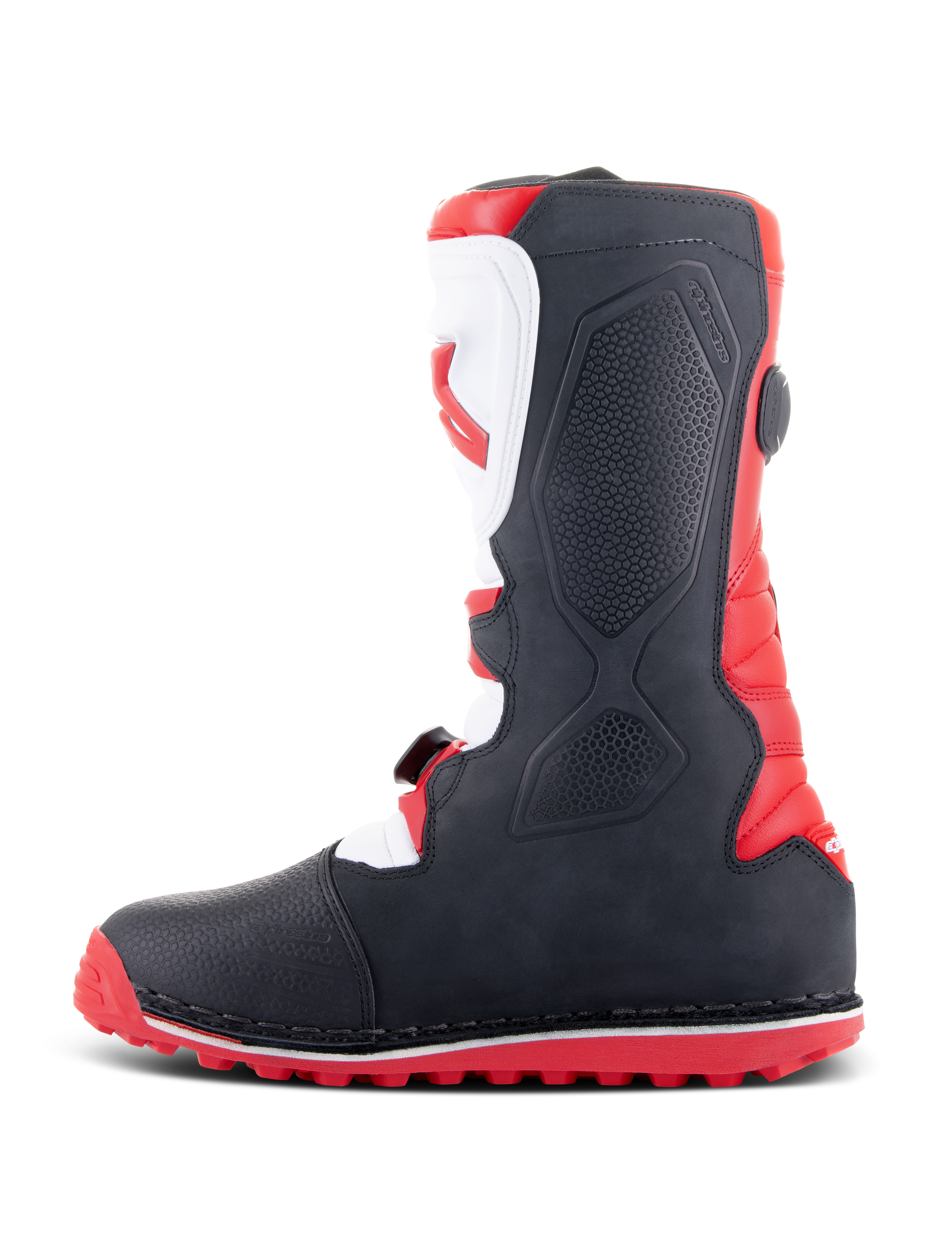 Alpinestars Tech-T Stiefel, Trial-Stiefel, Hellrot, Schwarz und Weiß, Seitenansicht zeigt ergonomische weiße Schienbeinplatte mit rotem Logo, schwarze texturierte Einsätze und rote Profilsohle für Offroad-Traktion